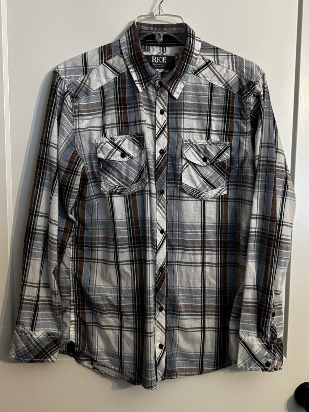 BKE Buckle Plaid Shirt Standard Fit Pearl Snap Western Blue White Brown Sz L